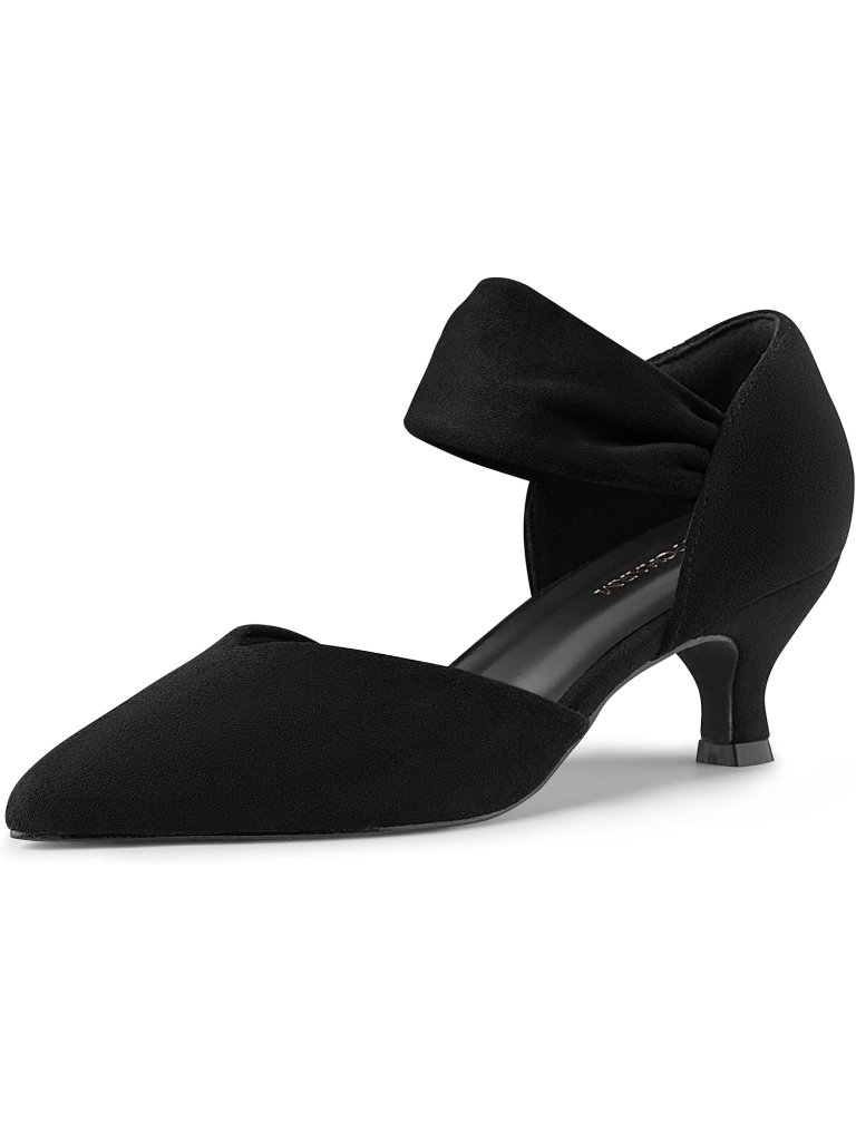 Women's Black Suede Kitten Heels Closed Toe Ankle Strap Low Pumps Slip On Shoes